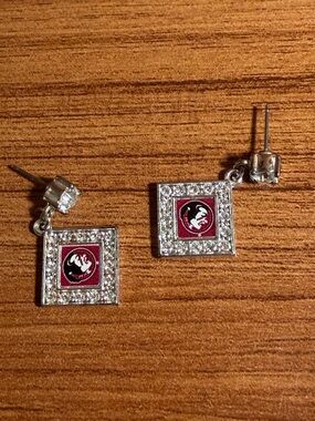 Florida State University FSU Seminoles Square Dangle Earrings Rhinestone Crystal